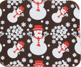 A SNOWMAN RED/WHITE 10" X 16" coaster with snowflakes on it.