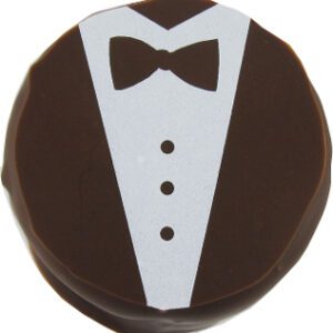 A BRIDAL TUX WHITE COOKIE TRANSFER covered cookie with a bow tie.