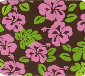 A pink and brown coaster with HIBISCUS YELLOW/CHARTREUSE 10" x 11" flowers on it.