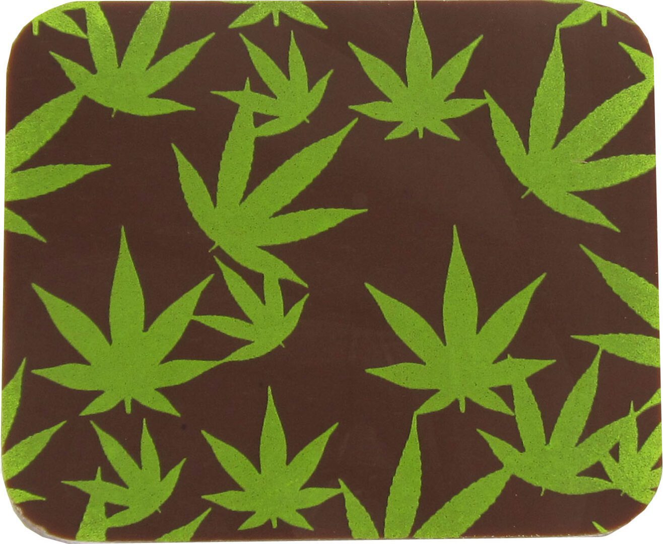 A brown and green coaster with marijuana leaves on it. The MARY JANE coaster in CHARTREUSE color and measuring 10" x 11".