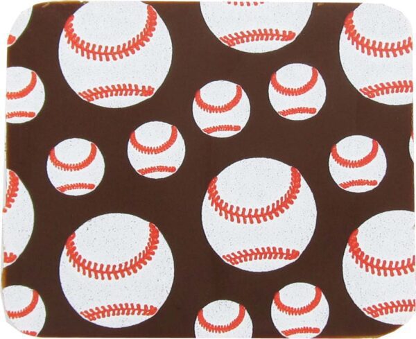 A brown coaster with baseballs on it.