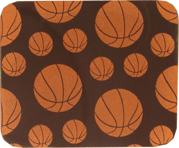 A brown and orange coaster with basketballs on it.
