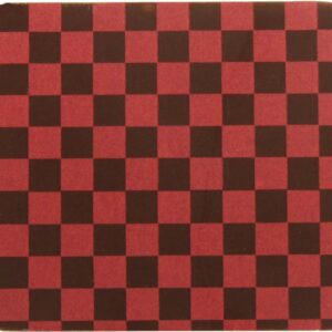 A red and black checkered coaster on a white background.