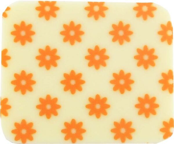 An orange and white square with flowers on it.