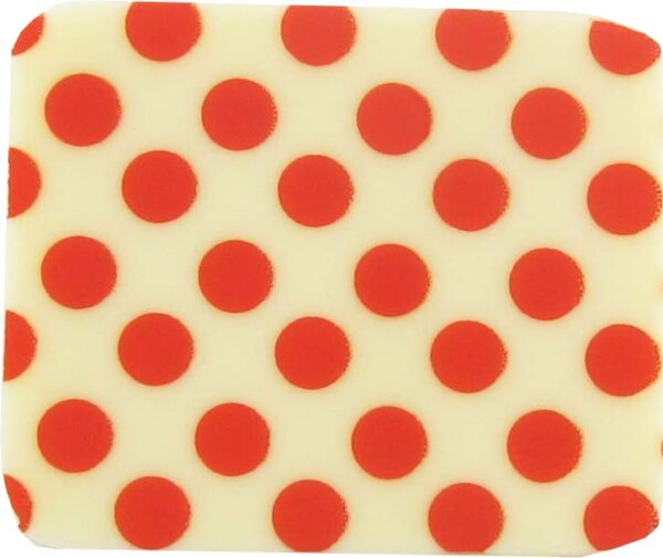 A red and white square with polka dots on it.