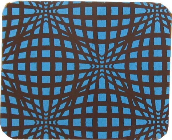 A blue and brown square coaster with an abstract pattern.