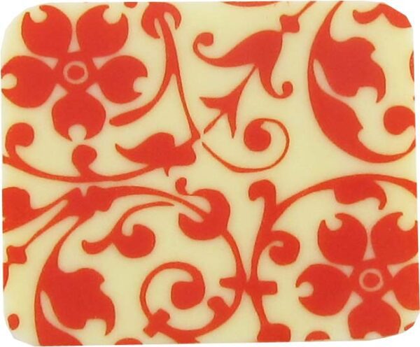 A red and white square with a floral design.
