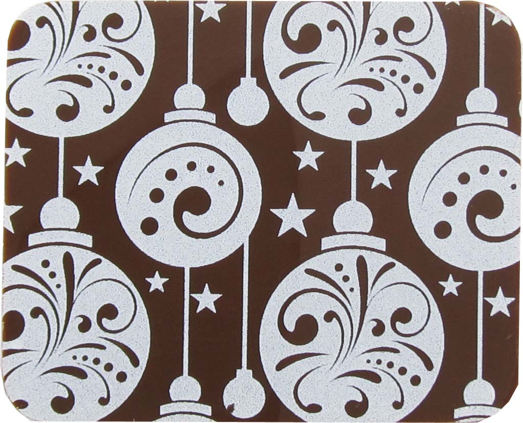 A brown and white coaster with ornaments on it.