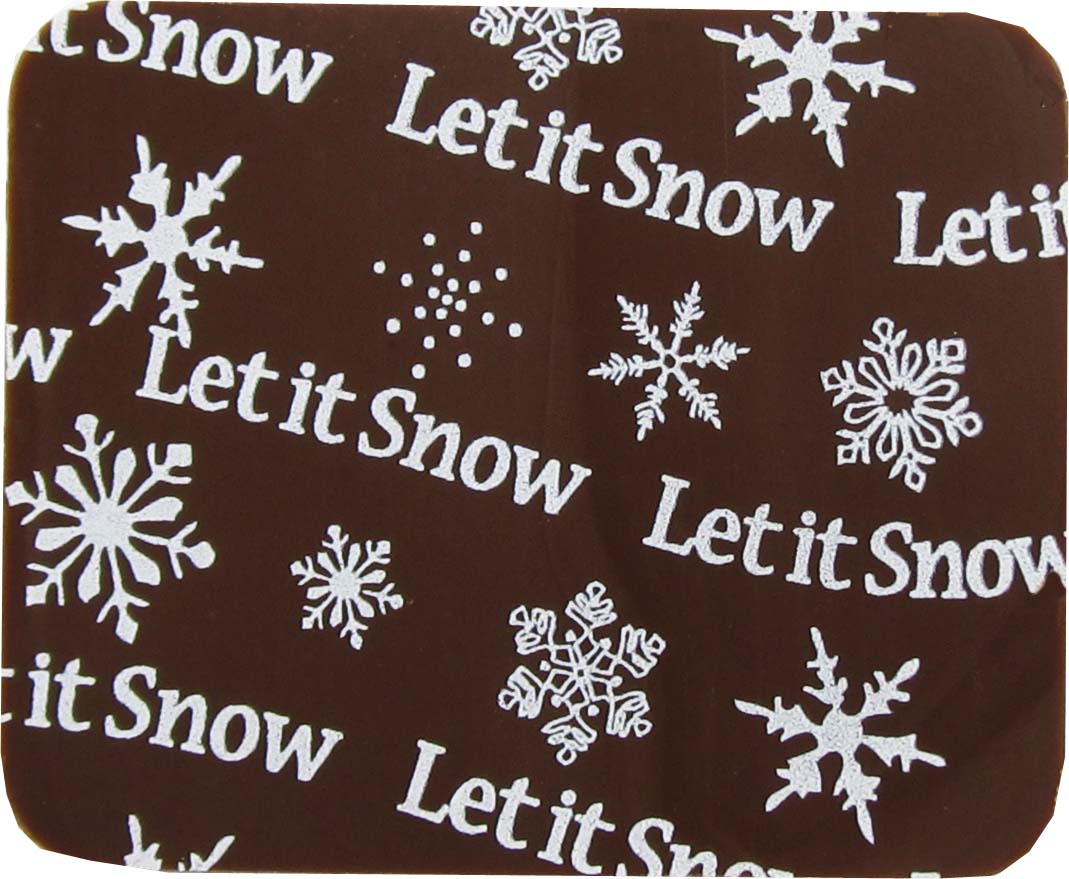 A brown and white snowflake coaster with the words let it snow.