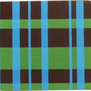 A square coaster with blue and green stripes.