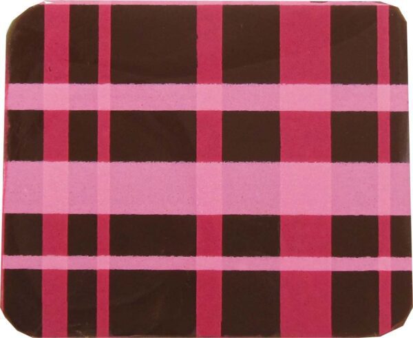 A pink and brown plaid coaster on a white background.
