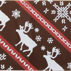 A brown coaster with reindeer and snowflakes on it.