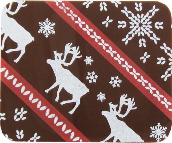 A brown coaster with reindeer and snowflakes on it.