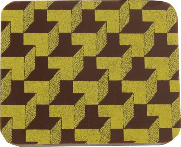 A yellow and brown coaster with houndstooth pattern.