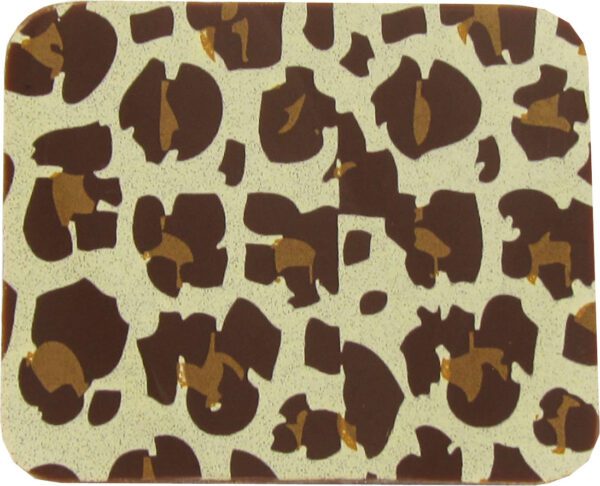 An image of a brown and white leopard print coaster.