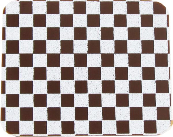 A brown and white checkered coaster on a white background.