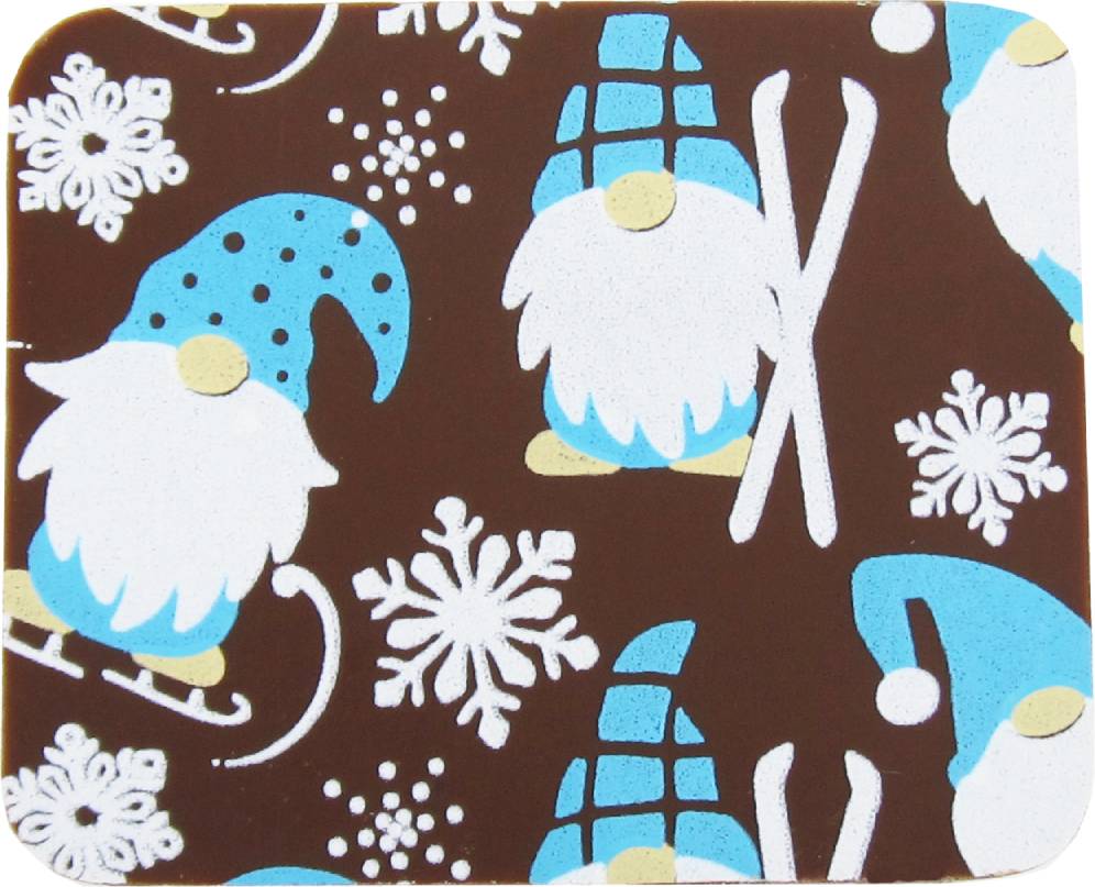 A Gnomes in Winter coaster with gnomes and snowflakes on it.