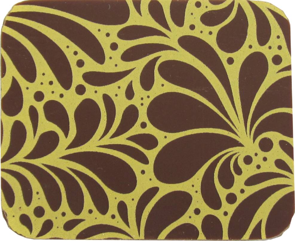 A Splendor brown and yellow coaster with a floral pattern.