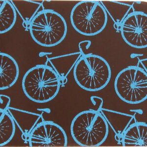 A coaster with blue bicycles on it.