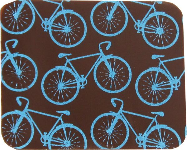 A coaster with blue bicycles on it.