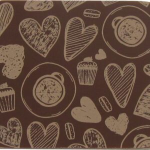 A brown coaster with hearts and cupcakes on it.