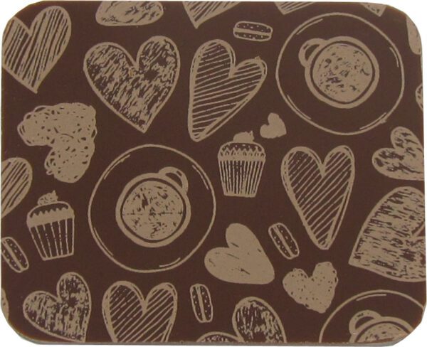 A brown coaster with hearts and cupcakes on it.