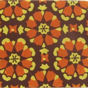 A square coaster with an orange and yellow design.