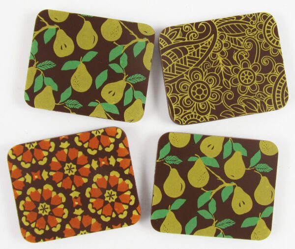 Four coasters with a brown and orange pattern.