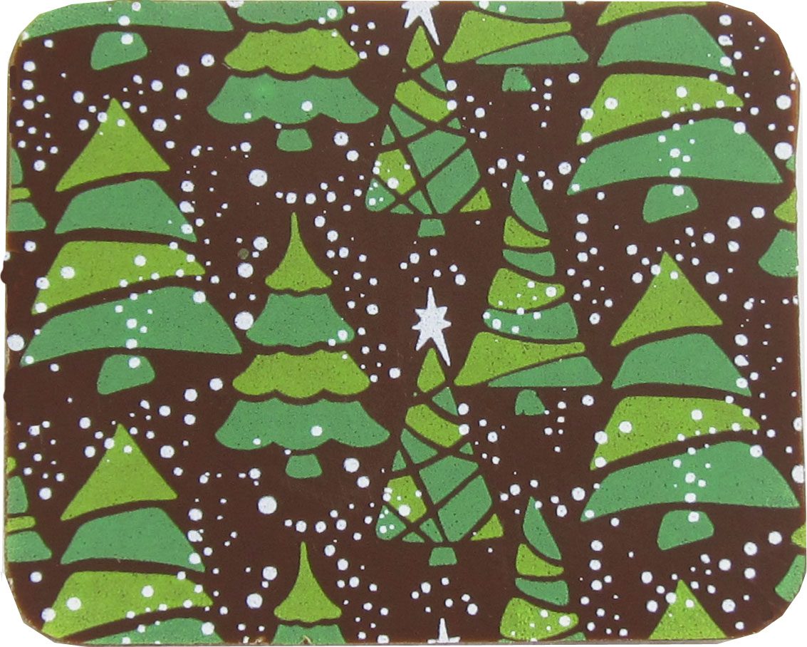 A christmas tree coaster with green and brown trees.