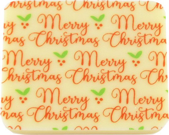 A merry christmas coaster with orange and green lettering.