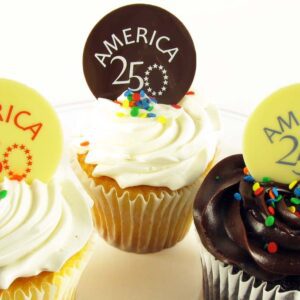 Three cupcakes with America 250 toppers